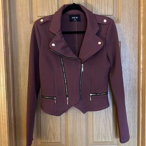 Active USA Burgundy Modern Casual Asymmetrical Long Sleeve Zip Up Moto Jacket